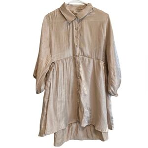 UMGEE USA Women's Beige Tunic Mini Dress Button Up Puff Sleeve Size Medium